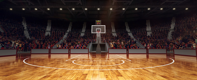 View of sport field, basketball playground, court with indoor spotlights for game, competition. Stages full of fans. 3D rendering illustration. Concept of sport battle, champion, victory.
