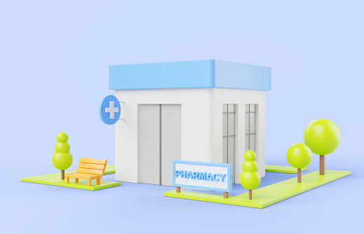 Isometric pharmacy kiosk, drug store building with health sign, green trees and bench 3d render banner. Medical shop, drugstore urban infrastructure. Cartoon design perspective view. 3D illustration