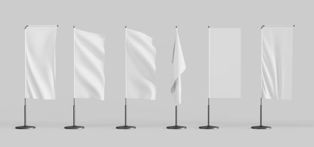 istock 3d render white pennant blank wave flag mockup. Realistic set of fabric rectangular festival event banners on pole isolated. Empty label for branding on chrome pillar flying in wind 1796693985