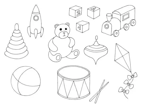 Vector illustration of Toys set black white isolated illustration vector
