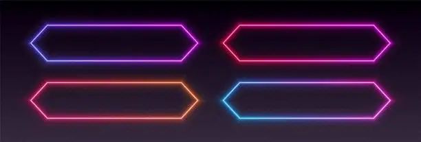 Vector illustration of Neon frames, hexagonal glowing borders set, colorful futuristic UI design elements.