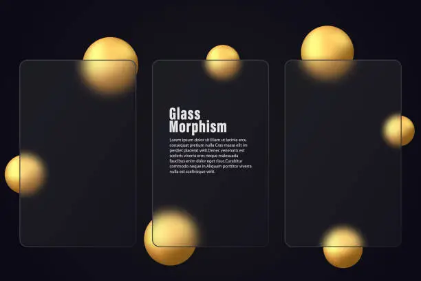 Vector illustration of Glass morphism effect. Set of vertical glass banners with golden gradient spheres on a black background. Realistic glasmorphism of matte plexiglass shape.