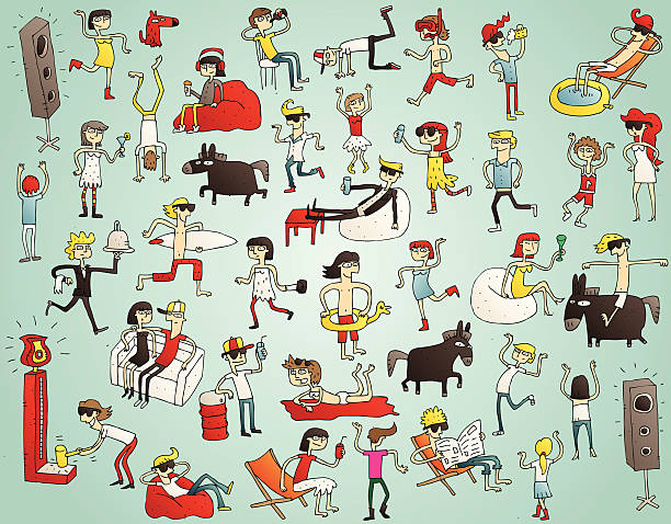 Collection of young people having fun vector art illustration