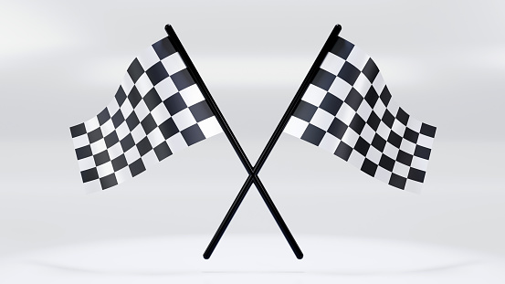 3D rendering of checker crossed flag pair, waving checker flags to crown a champion or the winner of a race on a color background
