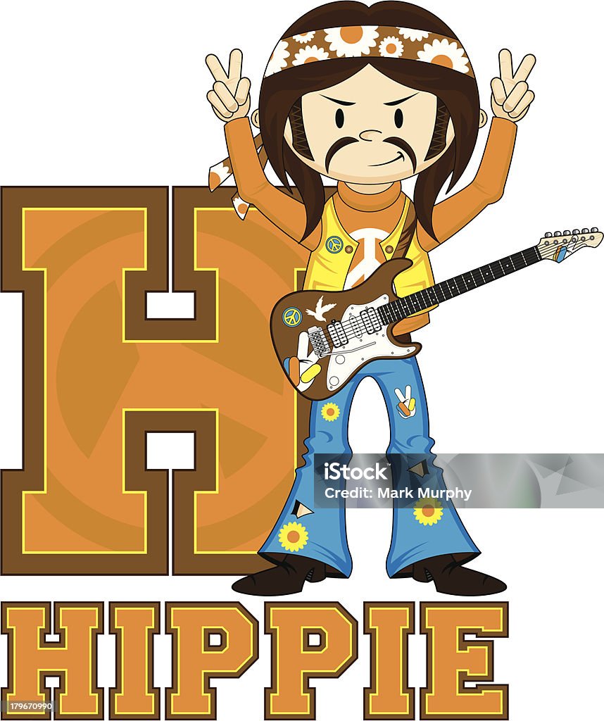 Hippie avec guitare apprentissage Lettre H - clipart vectoriel de 1960-1969 libre de droits