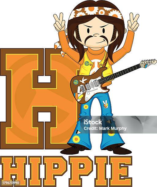 Hippie Avec Guitare Apprentissage Lettre H Vecteurs libres de droits et plus d'images vectorielles de 1960-1969 - 1960-1969, Apprentissage, Badge