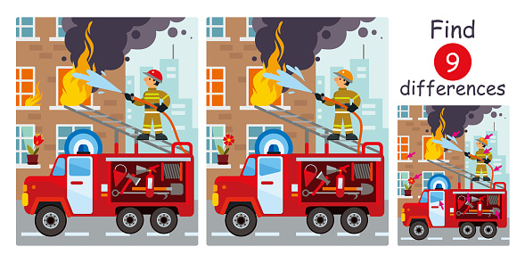 Cartoon firefighter extinguishing house fire with water from hose. Fire truck with equipment and tools. Find differences, education game for children. Flat vector illustration.