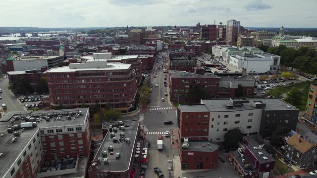 Cars Driving In City Streets, Portland Maine Aerial Shot