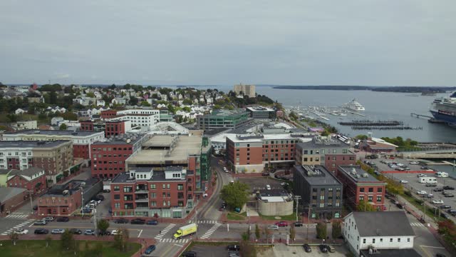 Aerial Flyover Of Waterfront Harbor In Portland, Maine