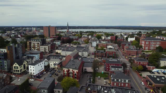 Downtown Harbor City Skyline Of Portland In Maine, Aerial Shot