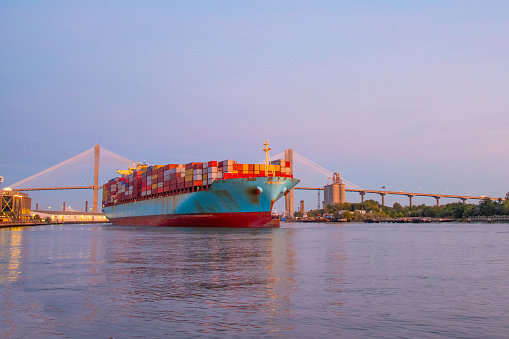 Cargo Ship with Savannah Bridge in the background- Savannah, Georgia