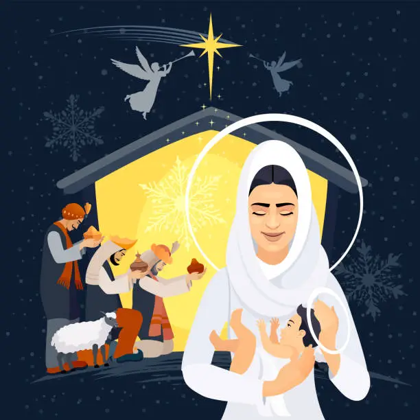 Vector illustration of Virgin Mary and Holy Child.