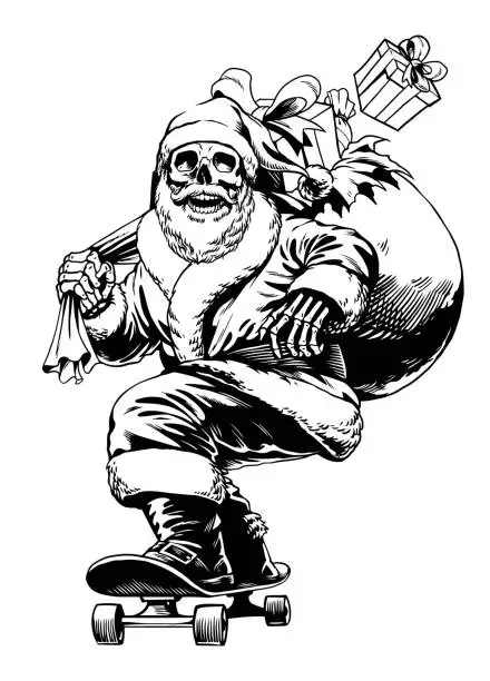 Vector illustration of Hand Drawn Illustration of Skull Santa Ride Skateboard Vintage