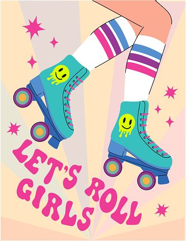 Roller skates, old school poster. Women's legs in long socks and roller skates, trendy hand-drawn vector illustration. 90s.