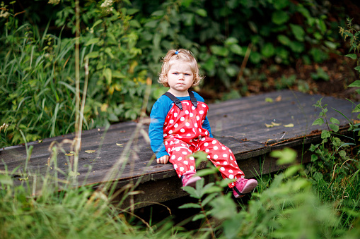 Cute adorable toddler girl sitting on wooden bridge and throwing small stones into a creek. Funny baby having fun with outdoor games in nature. Active outdoors leisure and activity with little kids