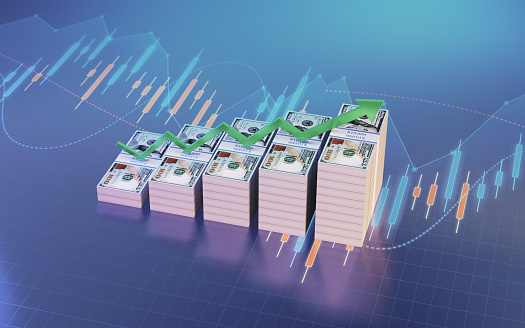 3d render Stack of 100 Dollar Bills and Green Arrow Sign on Finance Graph Background, It can be used for concepts such as economy, finance, trading, country economies, Depth Of Field
