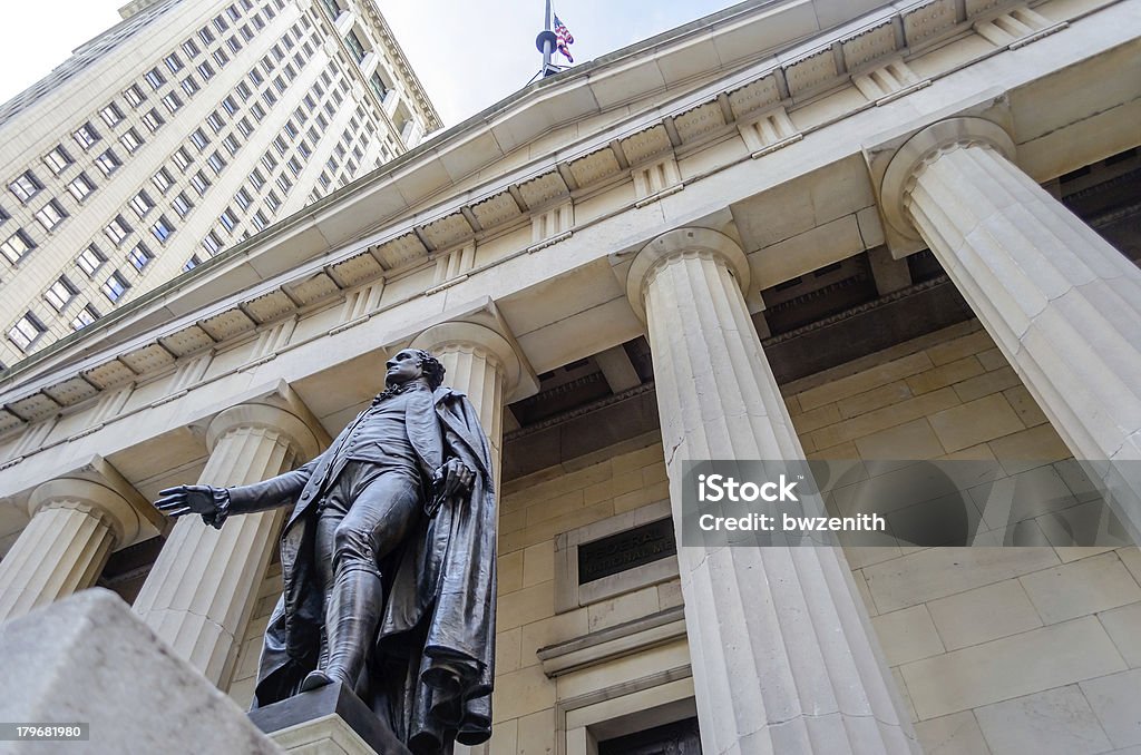 Federal Hall, New York City Facade of the Federal Hall with Washington Statue on the front, Manhattan, New York City Architectural Column Stock Photo