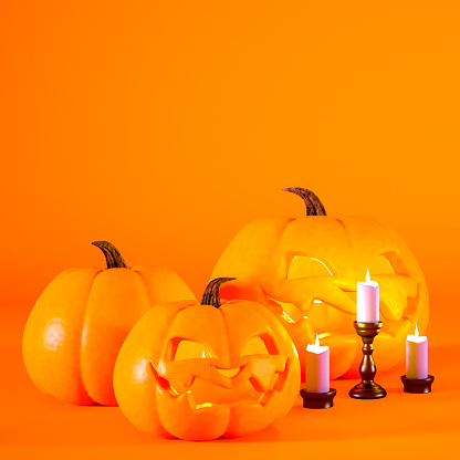 Halloween background with Jack o lanterns and candles 3d render with copy space.