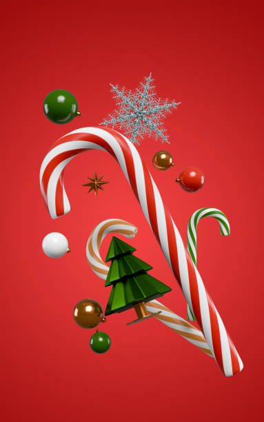 istock A candy cane flies with decorations and a Christmas tree. 3d rendering 1796826665