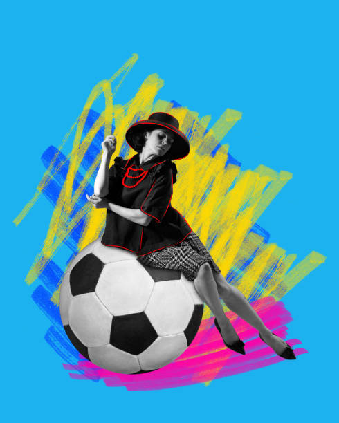 коллаж современного искусства. современное творческое искусство. элегантная, нежная женщина сидит на огромном футбольном мяче на фоне с ри - renaissance period стоковые фото и изображения