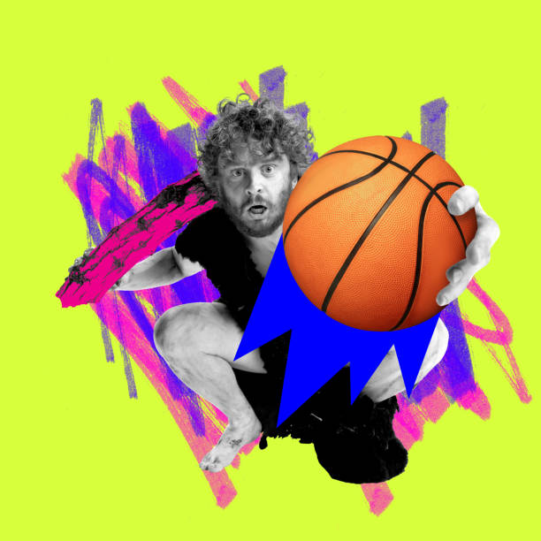 istock Contemporary art collage. Modern creative artwork. Monochrome confused primitive man holds basketball ball isolated bright background with drawings. Poster. 1796830022