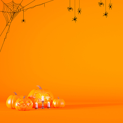 Halloween concept orange background with pumpkin lanterns and candles 3d render with copy space.