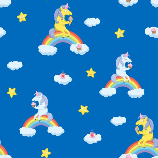 Vector illustration of Cute baby background with cartoon unicorns sitting on rainbow, sweets and smiling stars on blue. Vector seamless pattern.