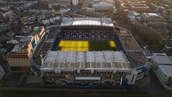 London, United Kingdom – August 01, 2022: An aerial shot of a Stamford Bridge stadium