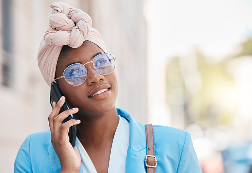 Thinking, phone call and black woman in city for business communication with contact. African professional, vision and smartphone for conversation, discussion or talking, listening and chat outdoor.