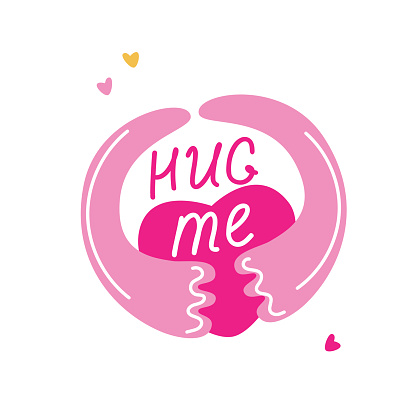 Groovy love stickers Hug me love lettering in trendy pink clolors. Happy Valentine's day vector illustration