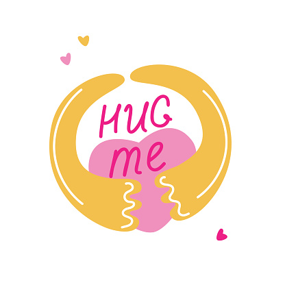 Groovy love stickers Hug me love lettering in trendy pink and yellow clolors. Happy Valentine's day vector illustration