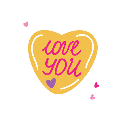 Groovy love sticker love you lettering in trendy pink and yellow clolors. Happy Valentine's day vector illustration