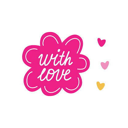 Groovy love sticker, with love lettering in trendy pink clolor. Happy Valentine's day vector illustration