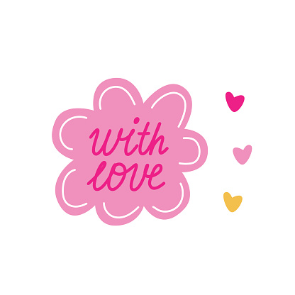 Groovy love sticker, with love lettering in trendy light pink clolor. Happy Valentine's day vector illustration