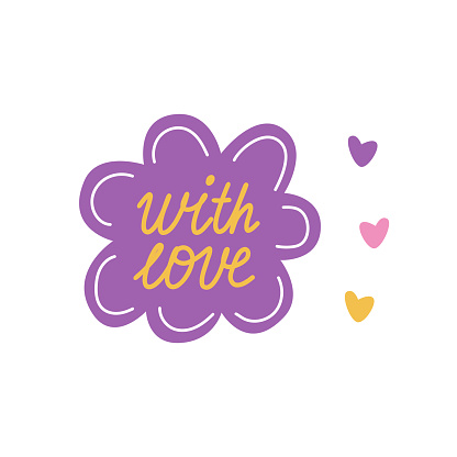 Groovy love sticker, with love lettering in trendy pink and violent clolor. Happy Valentine's day vector illustration