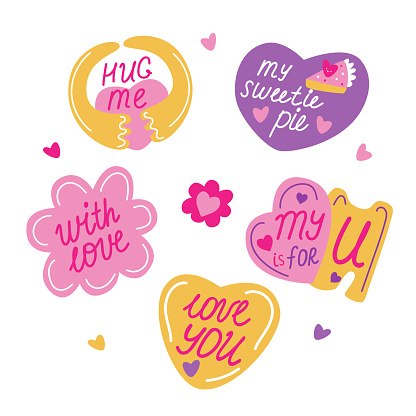 Groovy love stickers, funny love lettering in trendy clolors. Happy Valentine's day vector illustration