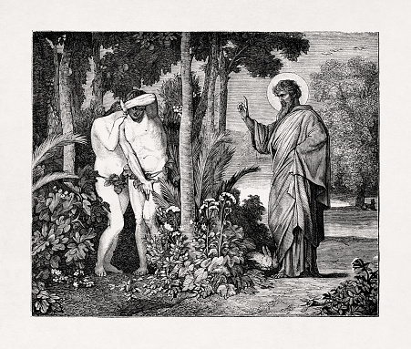Illustration made in the 19th century by Flandrin and engraved in 1875 by Huyot father and son representing God reproaching Adam and Eve for their sin.
