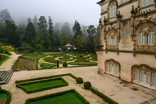 Luso, Portugal - Nov 09, 2023: The Bussaco Palace,also known as the Palace Hotel of Bussaco,   was commissioned by the monarch in the late 19th century and was converted into a luxury hotel in the 1910s.