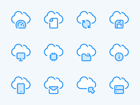 Cloud Computing Services and Configurations vector line icons. Online Storage Preferences outline icon set. Cloud File Management, Data Transfer, Performance, Information, Save and more.