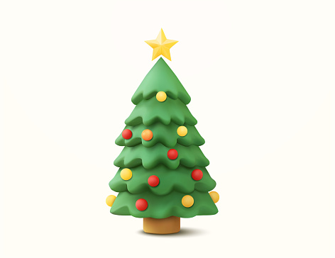 3d cute christmas decorated pine tree with colorful ornaments, golden star on top, isolated on white background. 3d rendered christmas tree icon. Vector illustration.