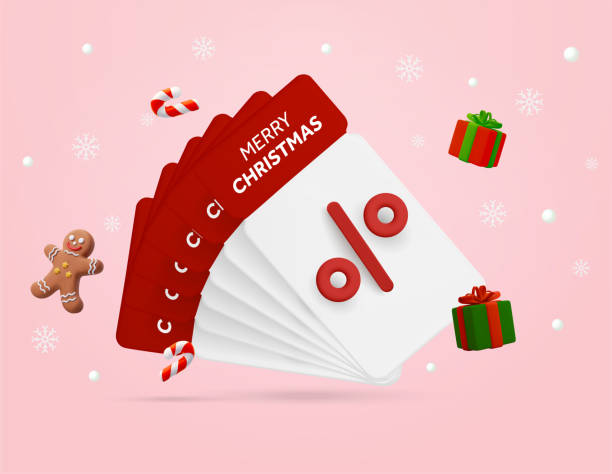 3d-набор рождественских подарочных сертификатов или купонов для рождественских распродаж и скидок. 3d визуализированная иконка купона в мин - shopping mall flash stock illustrations