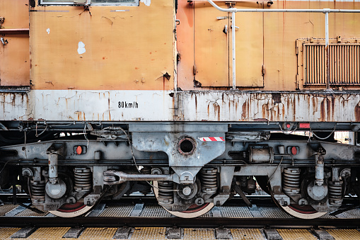 Large metal wheels of an old train