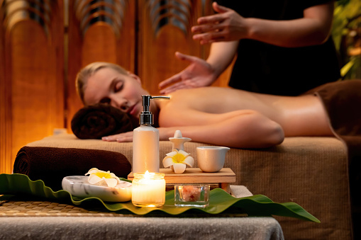 Aromatherapy massage ambiance or spa salon composition setup. Quiescent