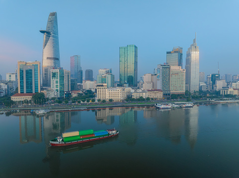 Drone view heavy logistic cargo ship on Sai Gon river - Ho Chi Minh city,