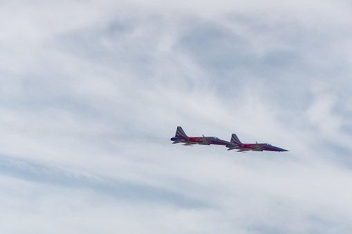 Patrouille Suisse Squadron of Swiss Air Force exercising up in the sky at Swiss Airport Zürich Kloten. Photo taken August 18th, 2023, Bülach, Canton Zürich, Switzerland.