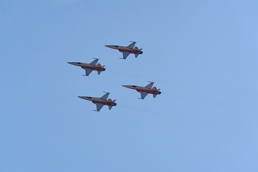 Patrouille Suisse Squadron of Swiss Air Force exercising up in the sky at Swiss Airport Zürich Kloten. Photo taken August 18th, 2023, Bülach, Canton Zürich, Switzerland.