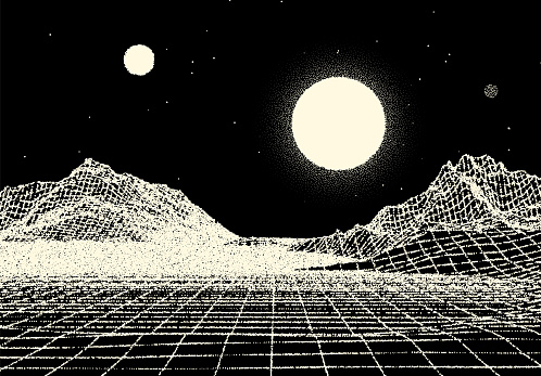 Retro dotwork landscape with 80s styled sun, grid mountains and stars background from old sci-fi book or poster