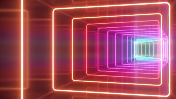 Photo of Inside Rainbow Glowing Neon Square Reflective Curved Tunnel Corridor - Abstract Background Texture