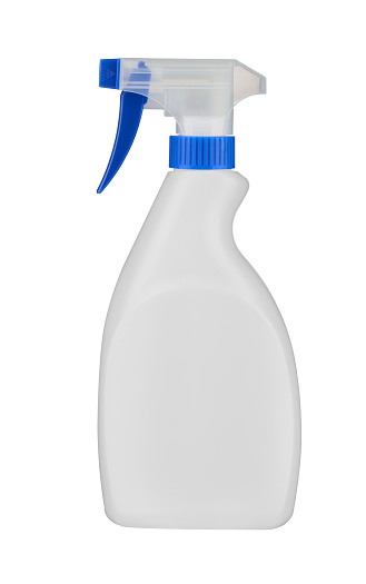 Single detergent plastic bottles with chemical cleaning product isolated on white background. Mockup of white plastic bottle and sprayer container. Studio shot. realistic Material.