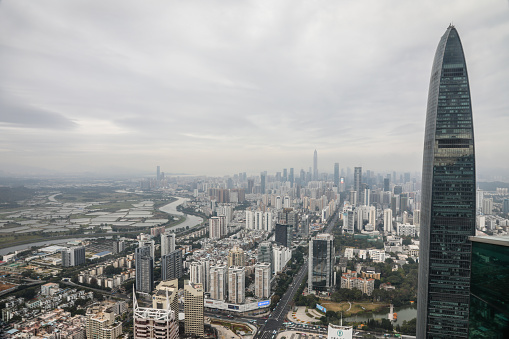 China Shenzhen city downtown financial center cityscape aerial view